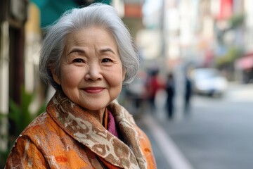 Fototapeta premium A happy elderly asian lady outdoors in street with copy space