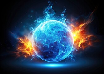 Blue Fireball Landscape with Burn Vector Overlay, Hot Glow Energy on Black Background for Stunning Visuals and Abstract Art