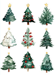 Collection of christmas tree, watercolor on white
