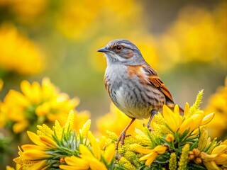 Scottish gorse, a dunnock perched; a close-up nature capture.