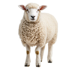 Fototapeta premium A front-facing sheep, with thick wool and an endearing expression, symbolizing simplicity and innocence, set against a transparent background