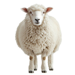 Fototapeta premium A full-body view of a fluffy, white sheep standing alert, with a soft woolly texture and expressive eyes, set against a transparent background