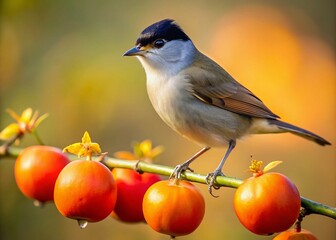 Silhouette of blackcap, against a persimmon tree's rich hue.