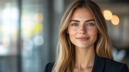 Obraz premium Professional business woman headshot in modern office background, real estate