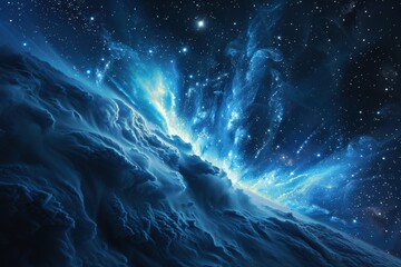 Fototapeta premium A celestial landscape with a frozen planet and a bright nebula