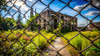 Chain Link Fence Surrounding Abandoned Building in Daylight - Urban Decay, Nature Reclaims, Architectural Ruins, Grunge Aesthetic, Forgotten Spaces, Eerie Atmosphere, Industrial Landscape