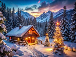 Sparkling Christmas lights paint the cozy cabin against a breathtaking winter panorama.