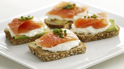 Smoked Salmon and Avocado on Wholegrain Toast with Cream Cheese, Delicious and Nutritious Breakfast or Brunch Option