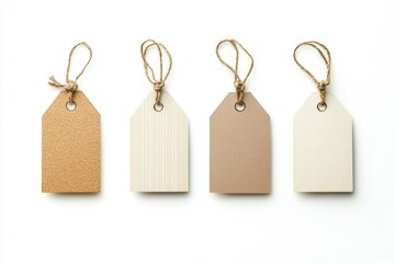 Set of four elegant blank hangtags in beige tones isolated on a white background with copyspace