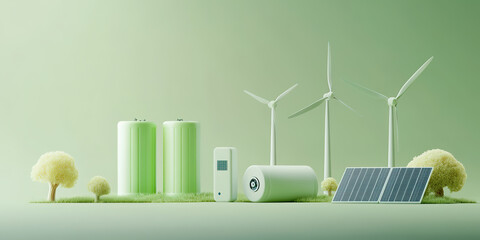 Illustration of wind turbines, solar photovoltaic panels, and energy storage batteries for new energy