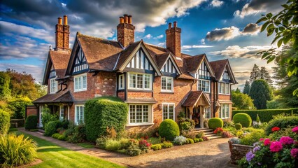 Fototapeta premium Stunning British house exterior, copy-ready, photorealistic style.