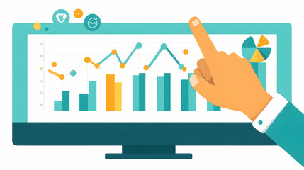 Hand pointing at a computer screen showing a graph with a line chart and bar chart.