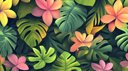 Fototapeta premium Lush tropical leaves and flowers background.
