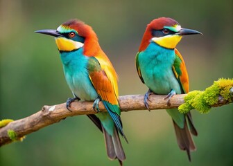 Obraz premium Stunning wildlife photography immortalizes the beauty of a European Bee-eater pair on a branch.