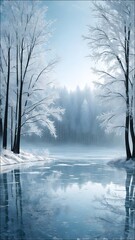 Fototapeta premium An icy lake, frozen trees create a cool, crisp winter atmosphere with a unique and contemporary style.