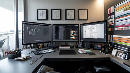 Fototapeta premium Modern minimalist workspace with three monitors, a tablet, and a smartphone on a gray desk.