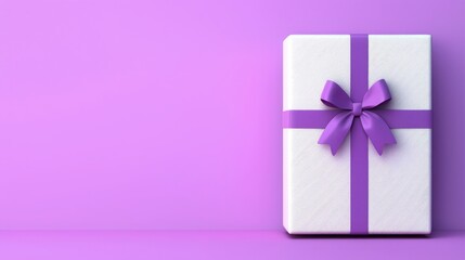 A neatly wrapped gift box with a purple ribbon sits against a vibrant purple background, exuding a festive and elegant vibe.