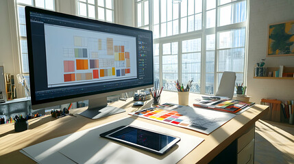 Naklejka premium Modern workspace with computer, tablet, and color swatches.