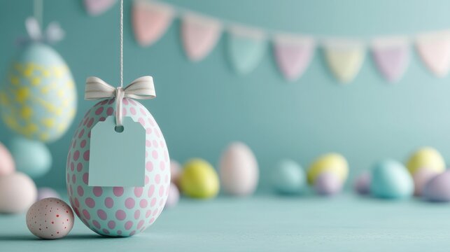 A pastel-themed Easter display featuring decorated eggs and a decorative banner, creating a festive spring ambiance.