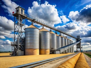 Obraz premium Sunlight glints on gleaming metal as grain flows effortlessly, a testament to modern agriculture's efficiency.