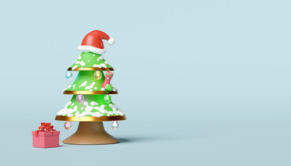 santa claus hat on christmas tree with snow, gift box, ornaments isolated on blue background. christmas and festive new year concept, 3d illustration render