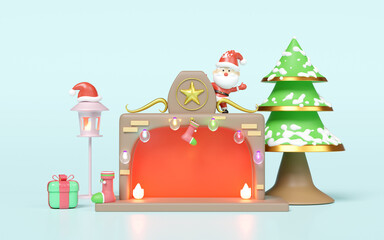 3d santa claus standing on fireplace with copy space, lantern, christmas tree, lamp, gift box, socks isolated on blue background. merry christmas and festive new year concept, 3d illustration render