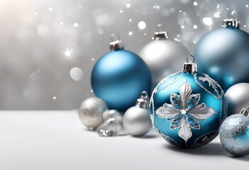 Festive Christmas background with blue and silver ornaments and snowflakes framing a blank space.