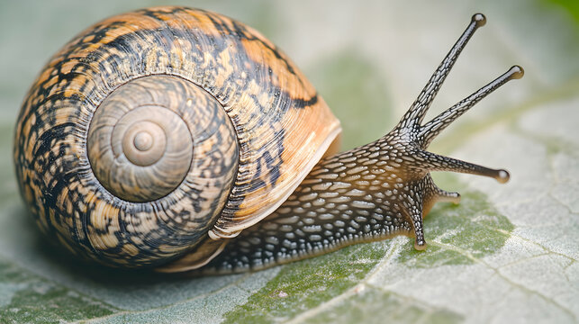 A close-up of a snail with its shell partially retracted, revealing its soft body and intricate pattern. The snail is on a green leaf, and its tentacles are extended.