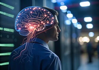 Naklejka premium The future of AI: glowing brain circuitry, a visual representation of neurotechnology.