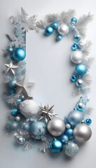 Festive Christmas background with blue and silver ornaments and snowflakes framing a blank space.