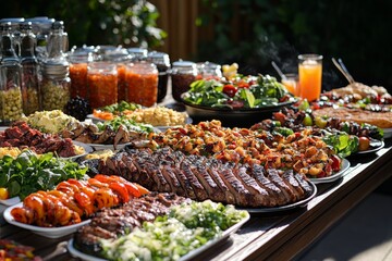 Fototapeta premium Grilled Steak Vegetables and Salad on a Wooden Table for a Summer BBQ Feast