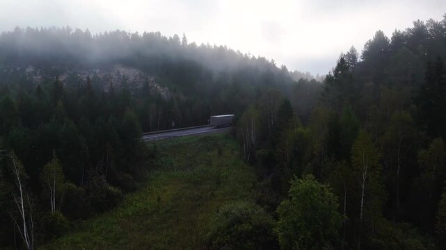 The truck is driving along the road in the forest in the fog