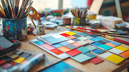 Colorful paint swatches on an artist's desk.