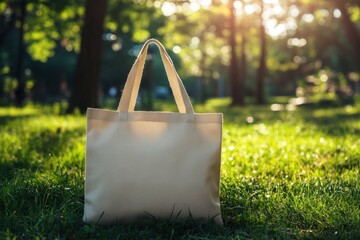 Tote bag mockup concept image with a blank tote bag sitting outside in a park on sun