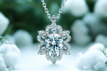 A beautiful silver snowflake pendant adorned with sparkling crystals, set against a soft, snowy background, radiating elegance and charm.