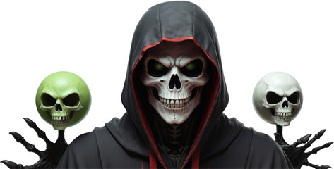 Hooded figure with eerie skulls in a dark setting.