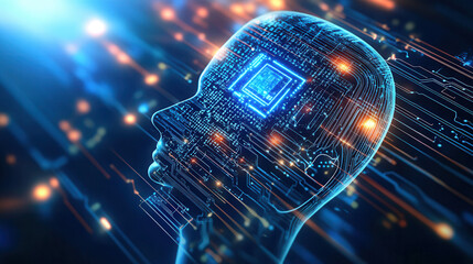 digital representation of human head with microchip, symbolizing technology and innovation. background features glowing circuits and lights, creating futuristic atmosphere
