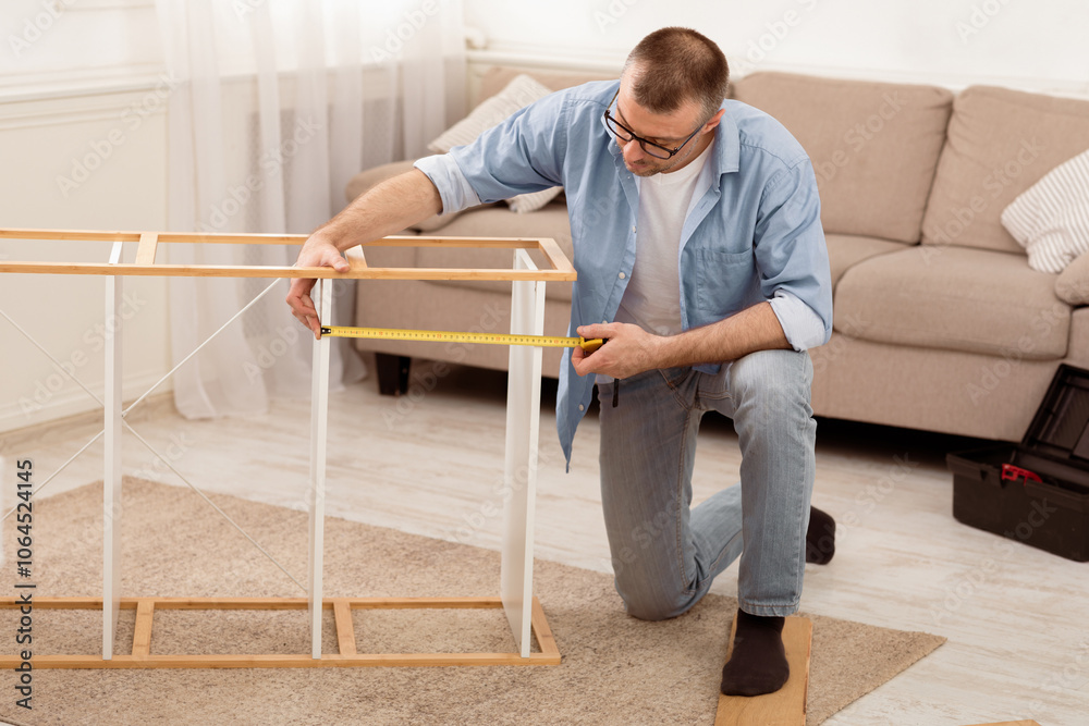 Poster middle-aged man installing cabinet using measuring tape tool assembling furniture after moving house
