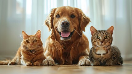 Happy dog with two kittens sitting together on the floor indoors