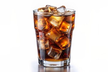 A glass of soda with ice cubes in it