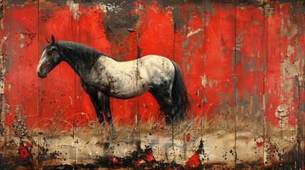 Obraz premium Metal elements and textures mixed with painterly abstractions of horses, animals, and other subjects.