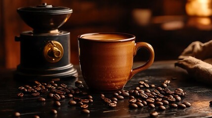 Coffee Cup with Beans and Grinder on Wooden Table