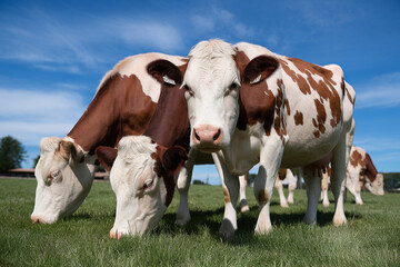 Cows grazing in a green pasture under a blue sky