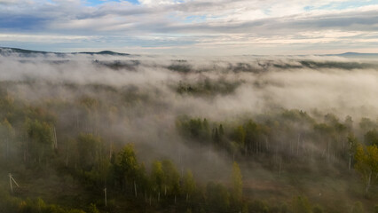 fog over the forest at dawn in autumn from the height of a drone