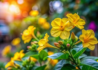 Obraz premium Yellow Mirabilis Jalapa Flowers in Urban Garden Exploration, 4 O'Clock Flowers