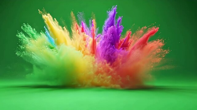 Vibrant burst of colorful powder exploding against a green screen background, creating a dynamic and eye catching visual