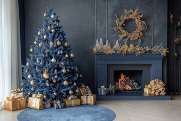 Obraz premium Embrace the elegance of a navy blue-themed Christmas celebration.