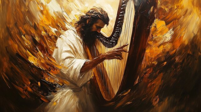 A striking representation of David playing the harp, showcasing dramatic lighting and vivid colors.