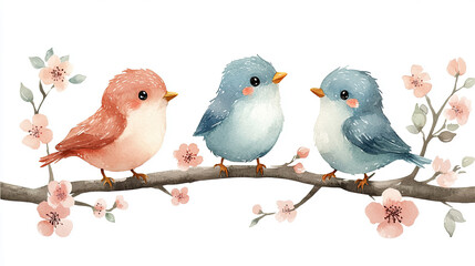 A few birds standing on a branch full of peach blossoms