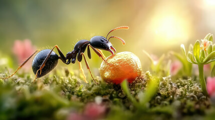 Close up of determined black ant carrying golden droplet in vibrant garden. ant showcases strength and focus amidst colorful flowers and lush greenery